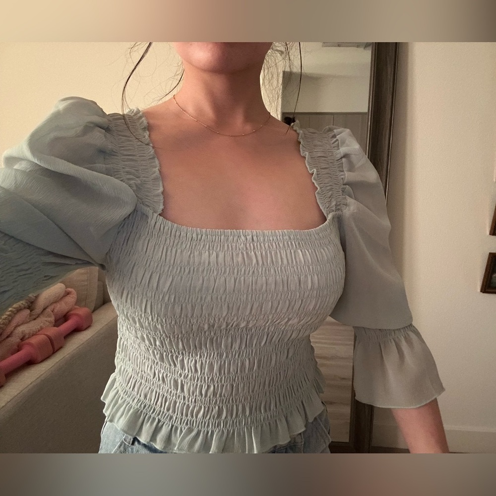 Smocked Square-Neck Puff Sleeve Top - Light Sage